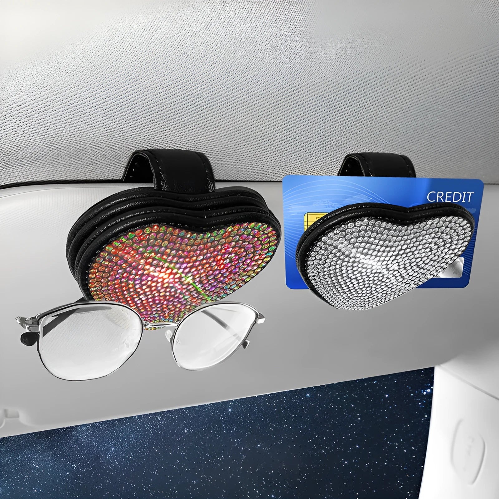 Diamond-encrusted PU leather car sun visor clip with magnetic closure for glasses and ticket storage