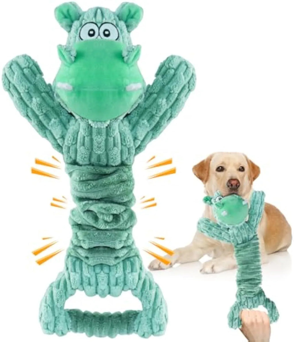 Large soft plush dog toy in hippo and monkey designs with a handle base.