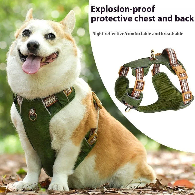Brown explosion-proof reflective leather chest harness for a dog on a white background