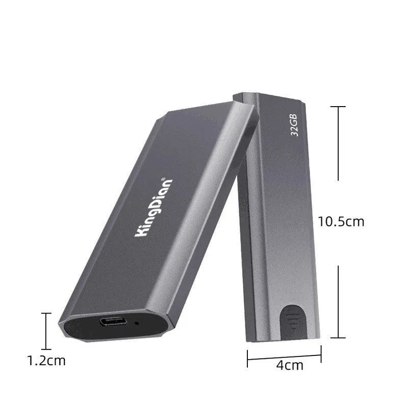 Grey mobile SSD hard drive with USB 3.0 connector for phones and computers.