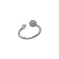 Open-end pearl ring with round zircon stone in gold or silver with geometric shape