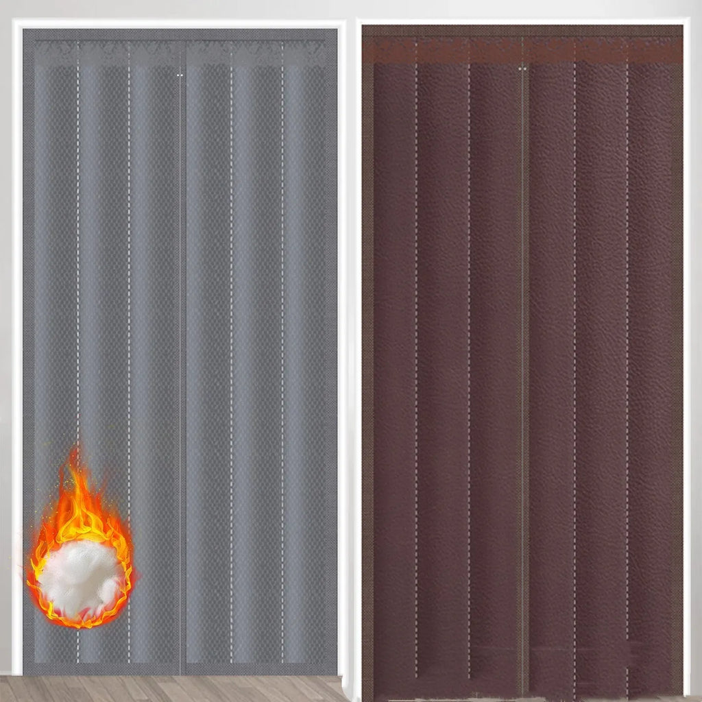 Full-seam long magnetic strip cloth door curtain in vertical stripe pattern, shown in coffee colour.