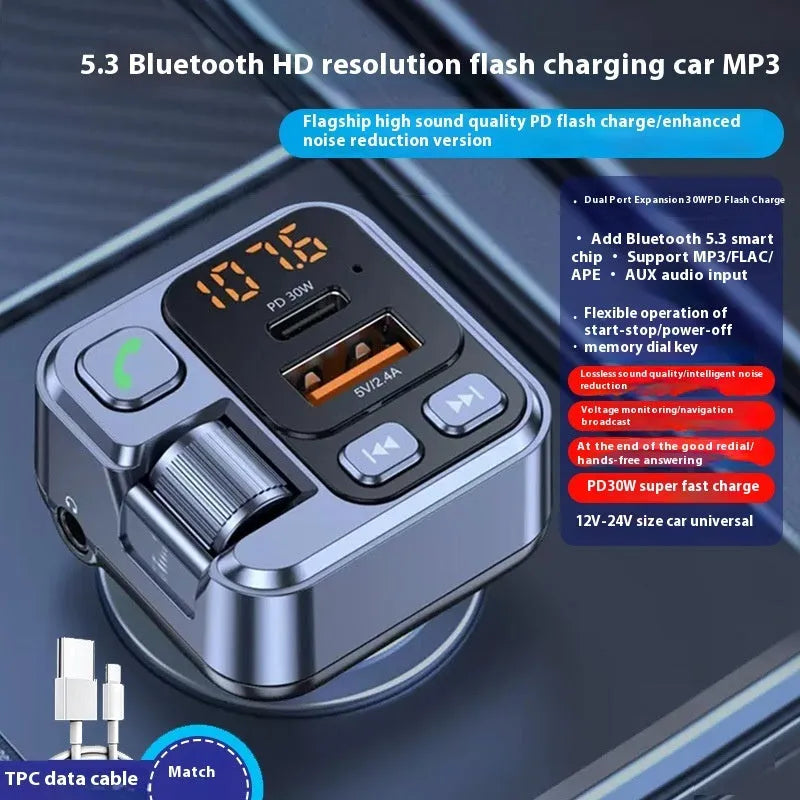Car MP3 player and Bluetooth receiver with USB-C fast charging plugged into vehicle 12V socket