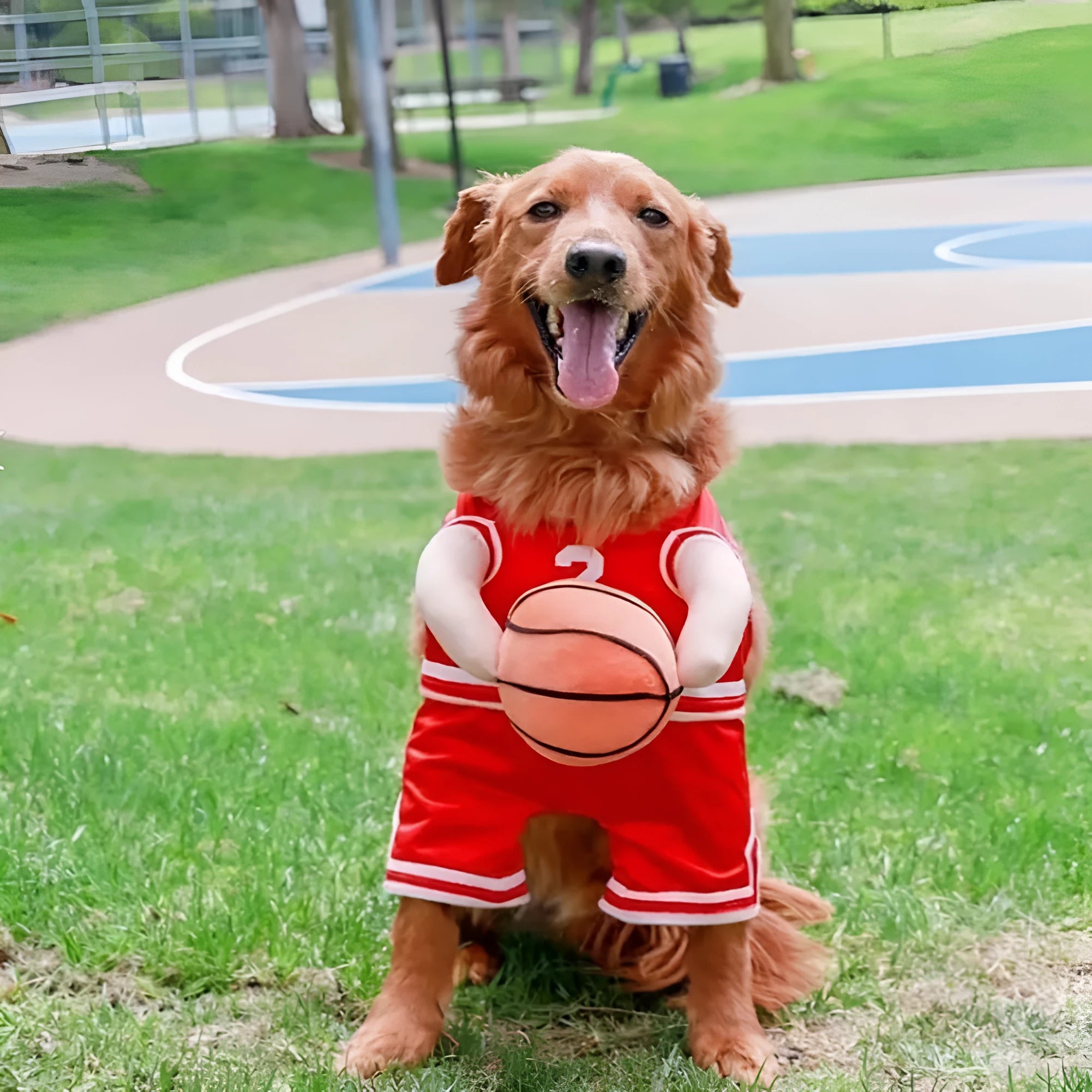 Red or yellow basketball jersey costume for a dog, shown with a matching basketball.
