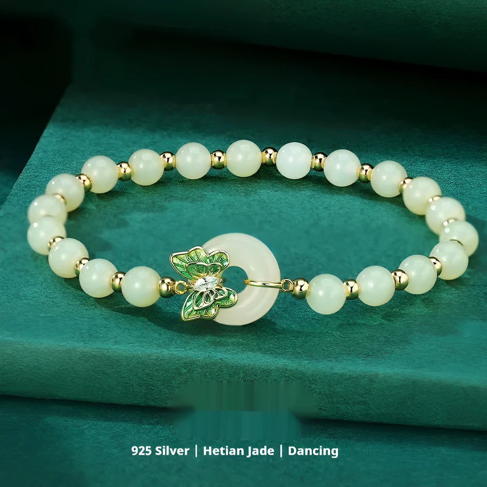 Cyan Hetian Jade butterfly bracelet on 925 sterling silver band with inlaid gemstones
