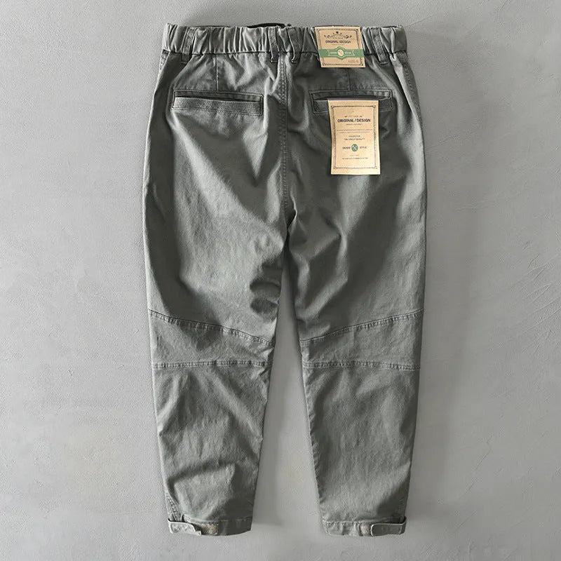 Men's casual cotton overalls with elastic waistband in khaki colour, showing loose fit and Japanese style
