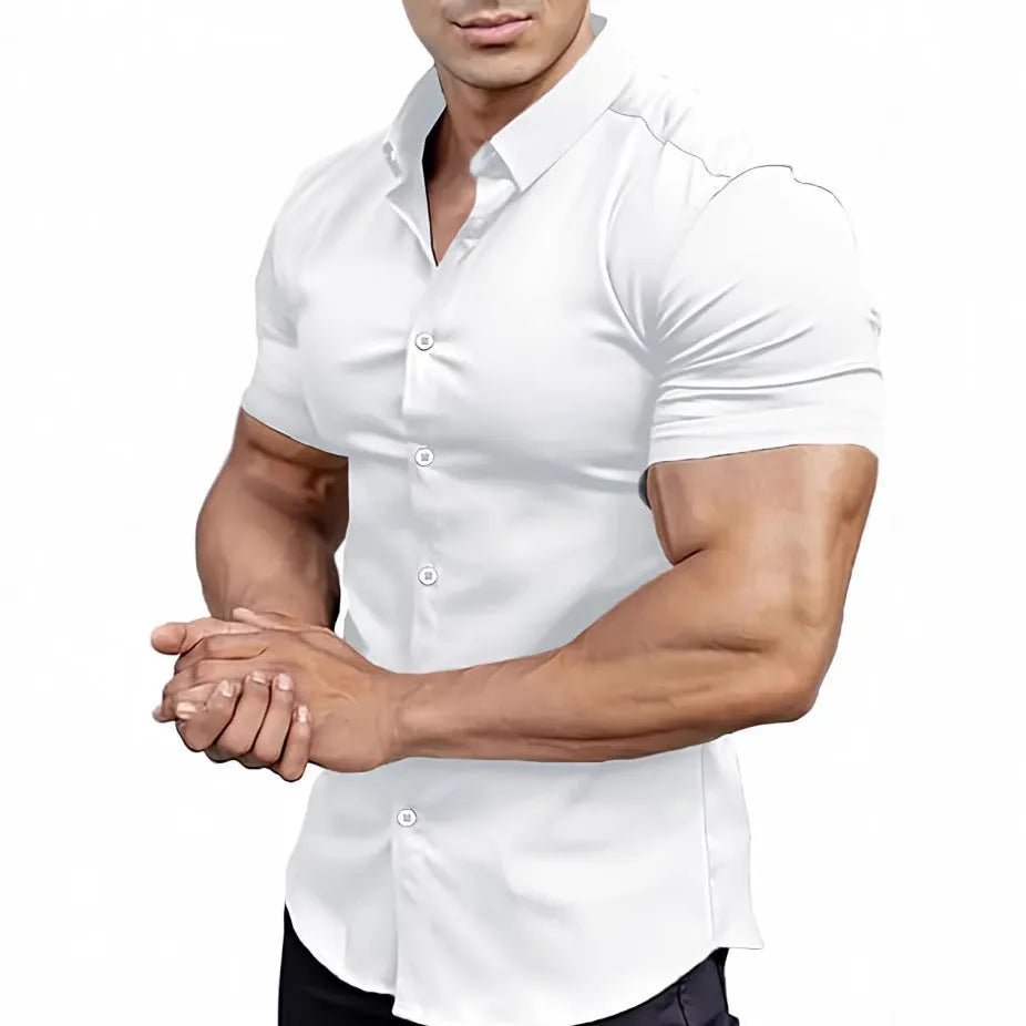 Men's short sleeve printed shirt with collar in polyester fabric available in multiple colours and sizes