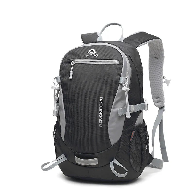 20-litre backpack shown in available colours: black, blue, green, orange, red, rose red, turquoise.