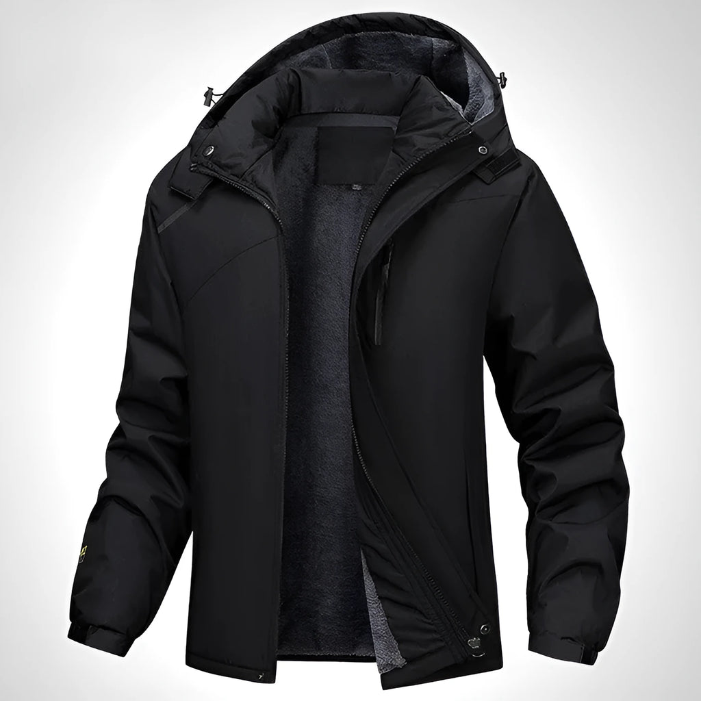 Men's plus size waterproof hooded coat in army green with visible hood and front zip