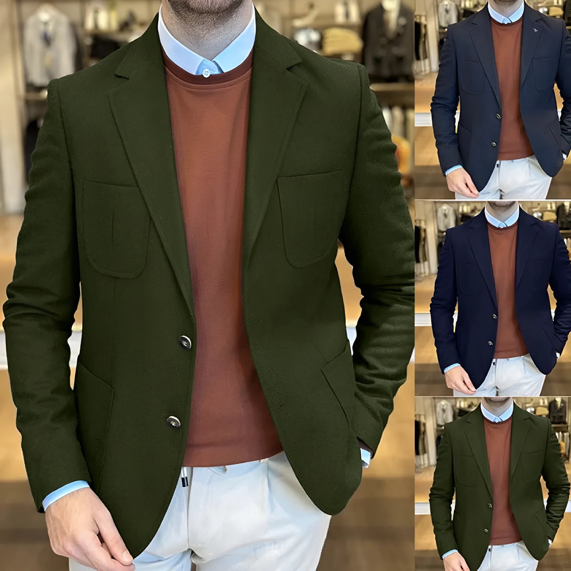 Men's loose retro cotton suit jacket in army green colour, showing front view on a model.