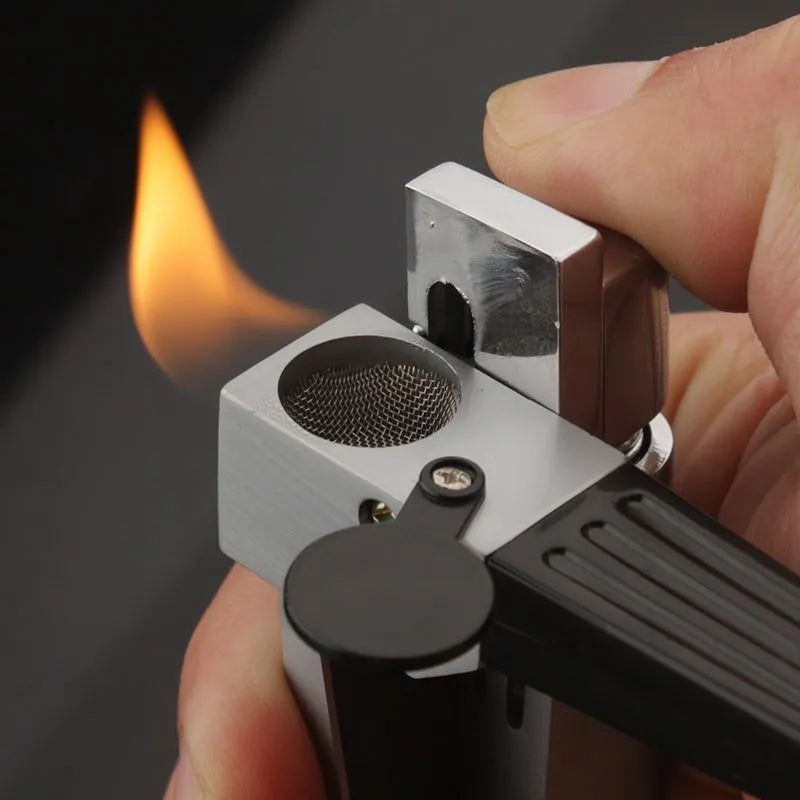 Refillable metal pipe lighter with foldable cover and built-in smoking bowl