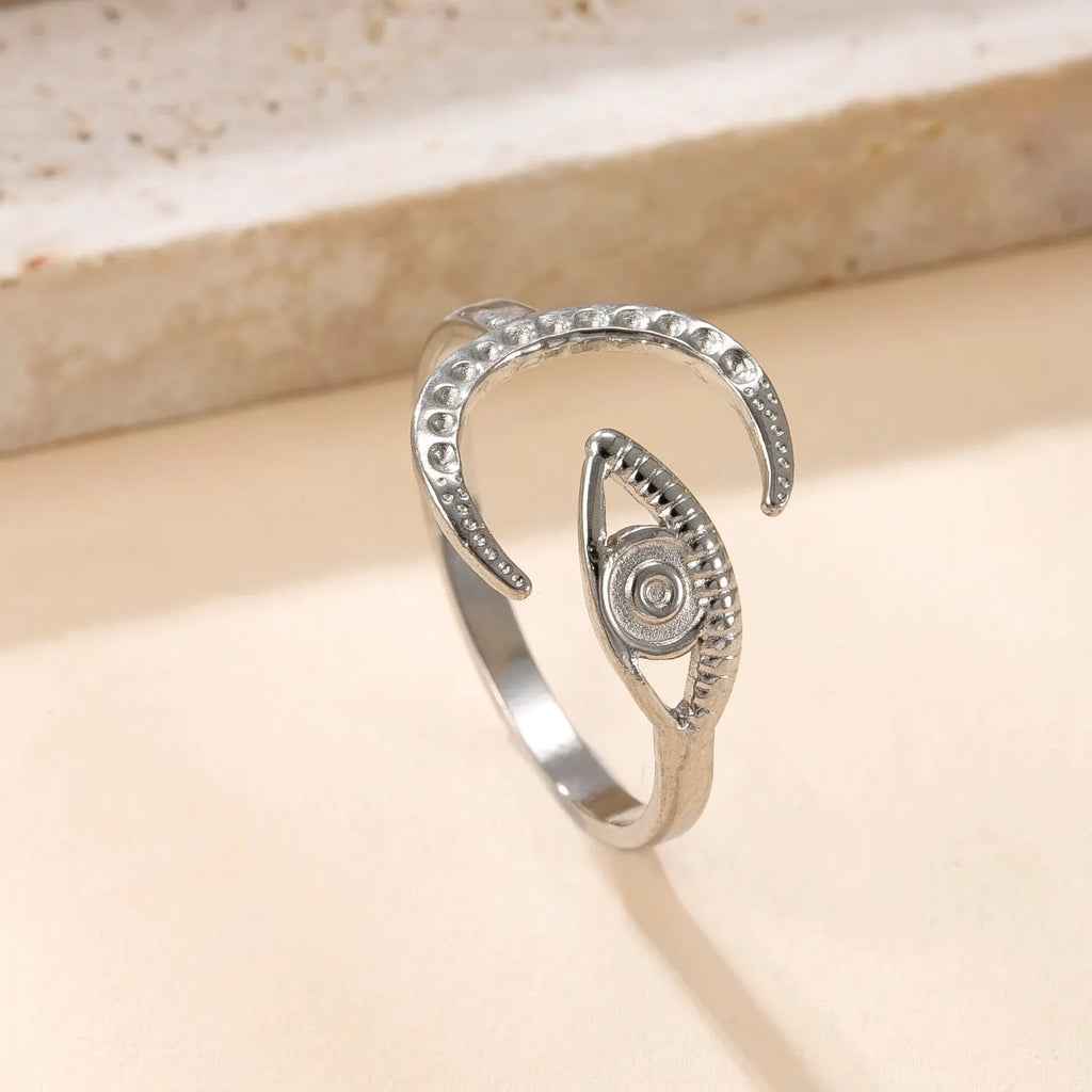 Stainless steel open ring with hollow star and moon design, electroplating finish, unisex average size.
