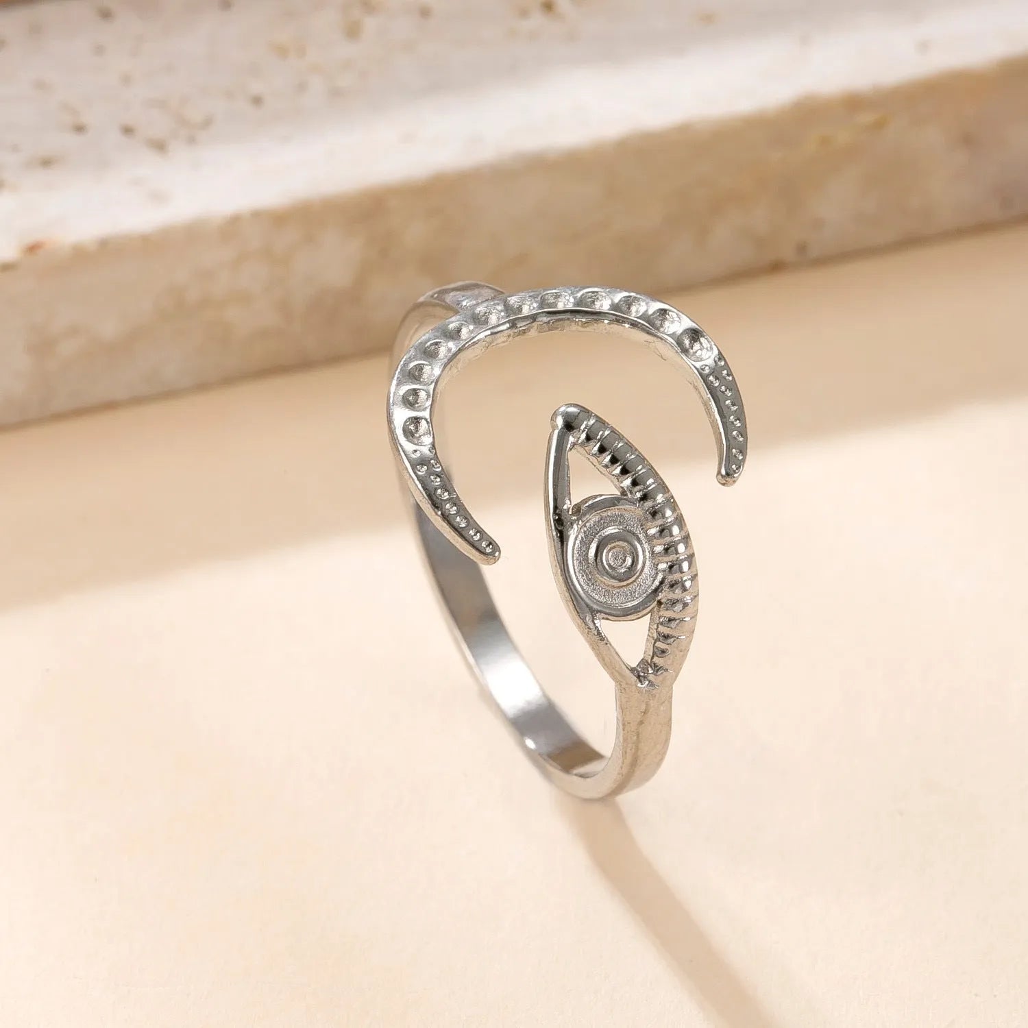 Stainless steel open ring with hollow star and moon design, electroplating finish, unisex average size.