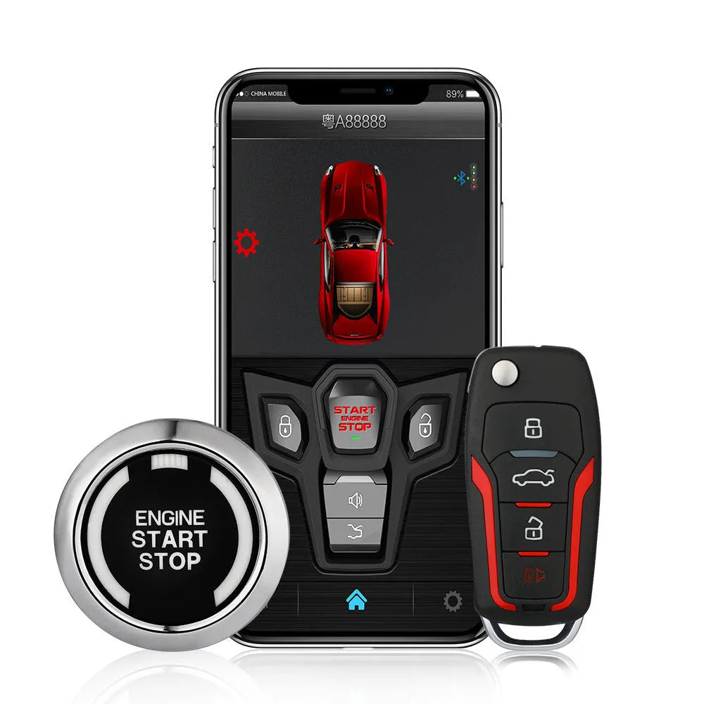 Red and black one-way remote car alarm system with two remotes for 3000m range vehicle security.