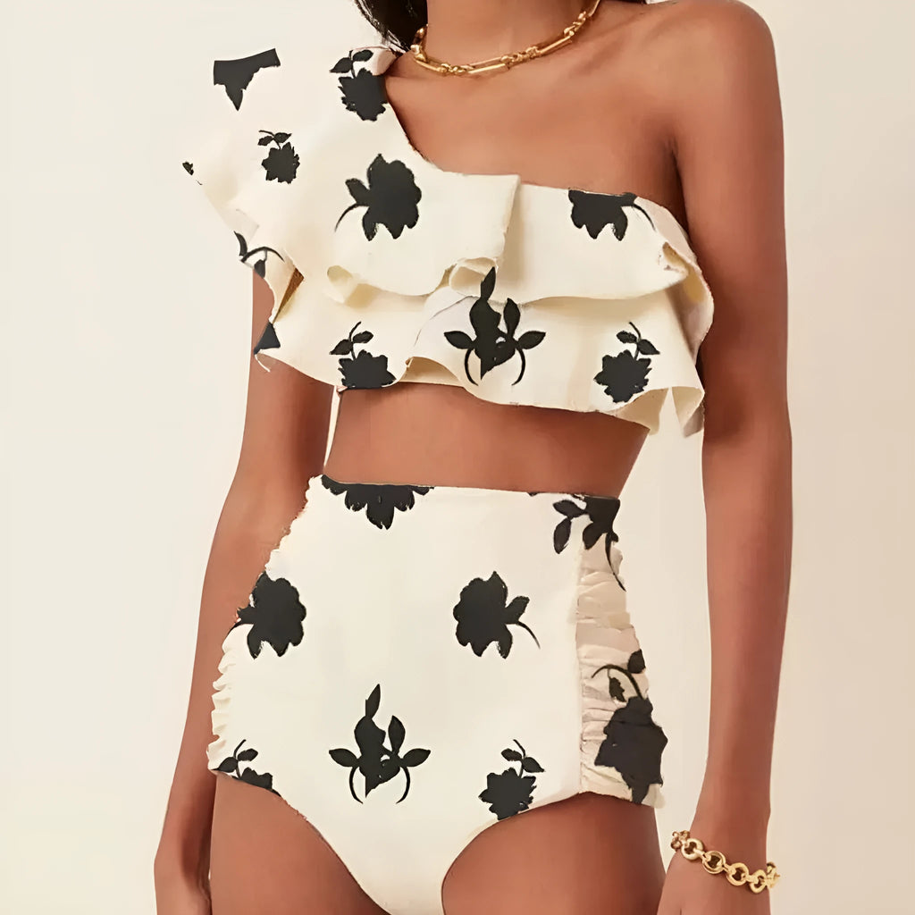 Women's printed oblique shoulder ruffle bikini suit with high waist briefs in polyester fabric