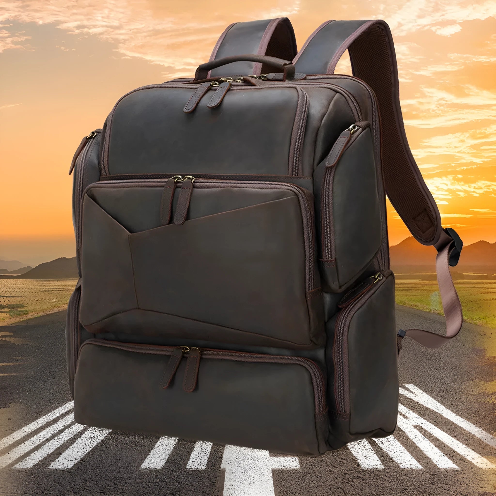Dark brown retro crazy horse leather backpack for men open to show 17-inch laptop compartment and internal organisers.