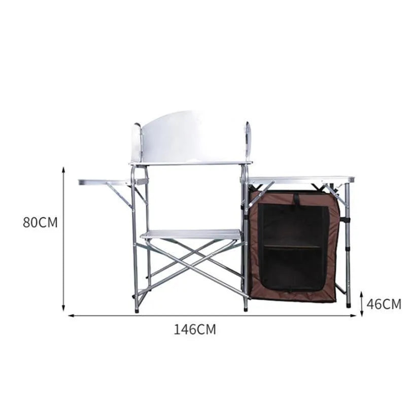 Outdoor camping double-decker storage rack mobile barbecue table folded out with aluminium frame and density board top in mobile kitchen colour