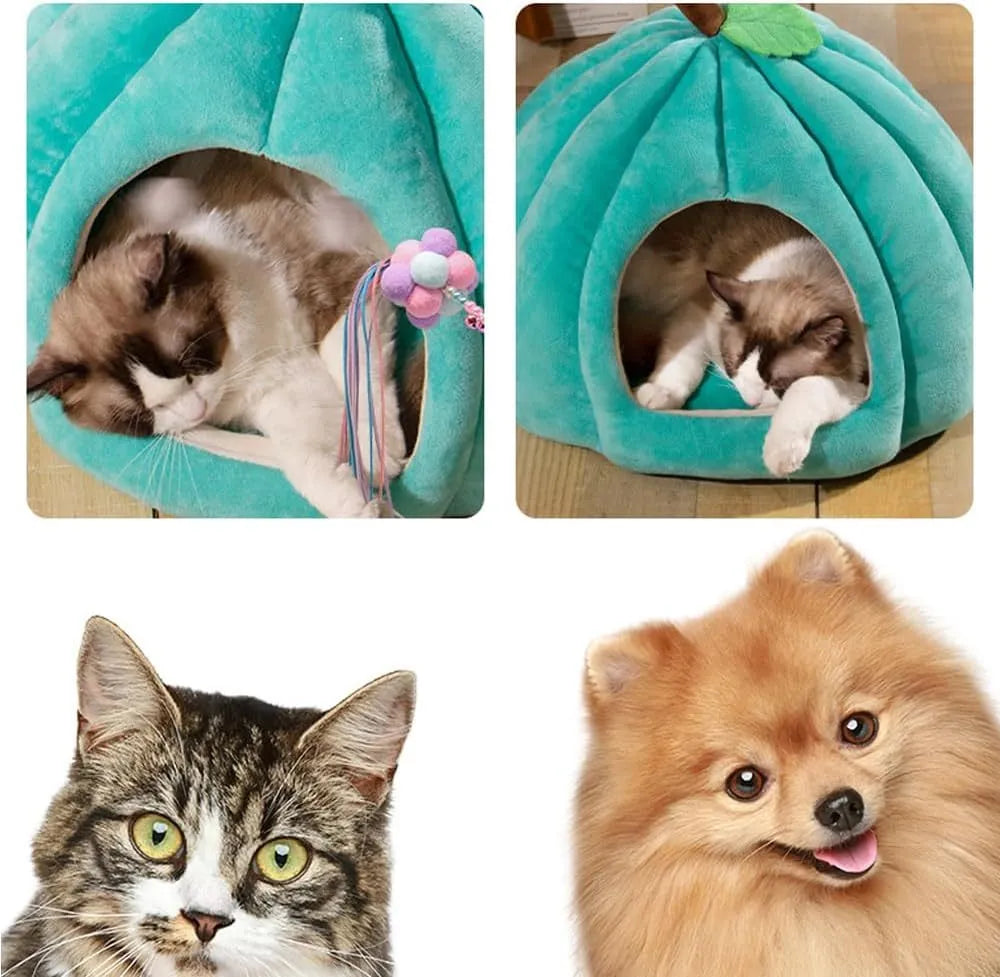 Pumpkin-shaped plush cat cave bed with a round opening, shown in grey colour.