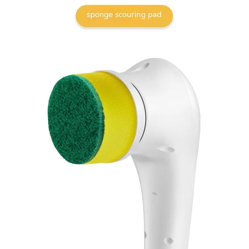 White cordless electric handheld scrubber with five cleaning brush heads on USB charging cable