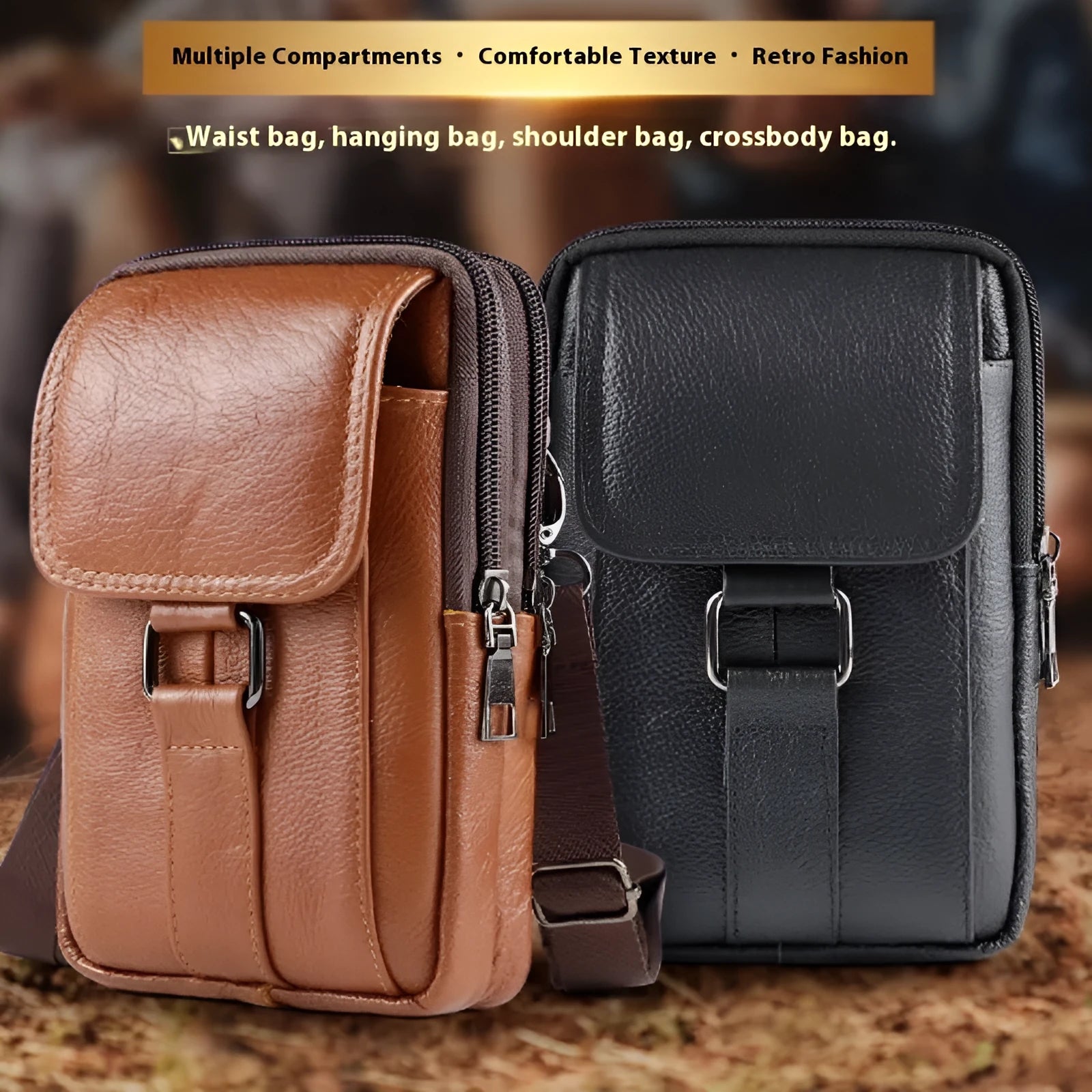 Man's black composite cowhide leather crossbody waist bag with a lock, shown in a vertical square shape.