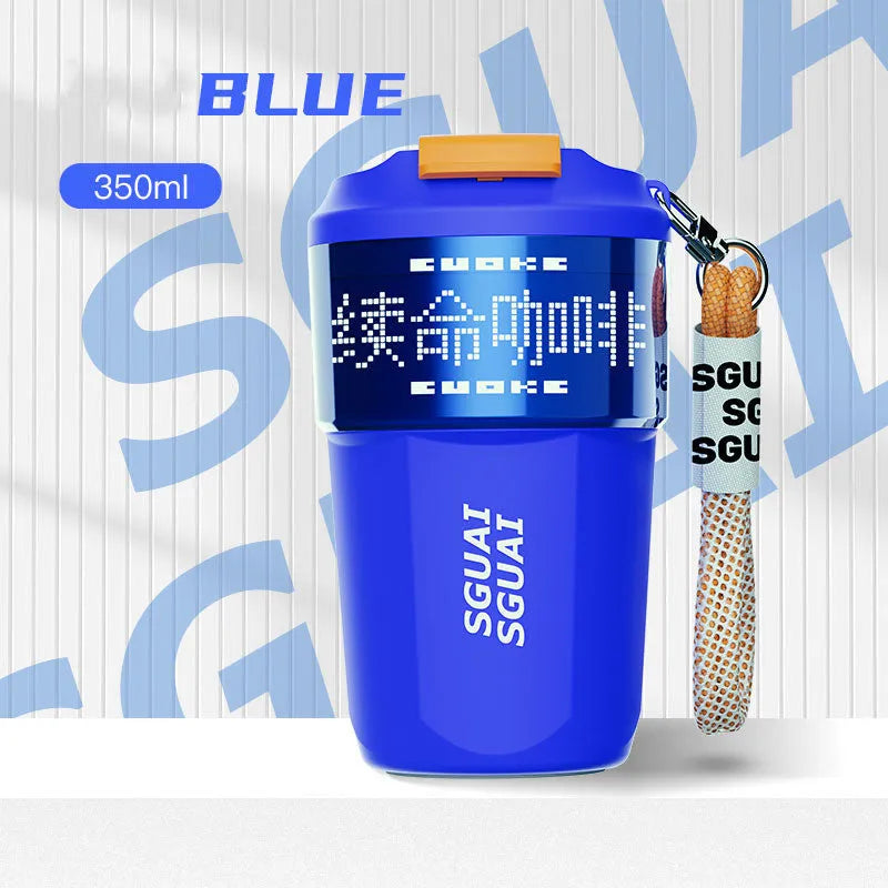 Japanese style stainless steel portable coffee cup in blue, showing 50mL capacity.