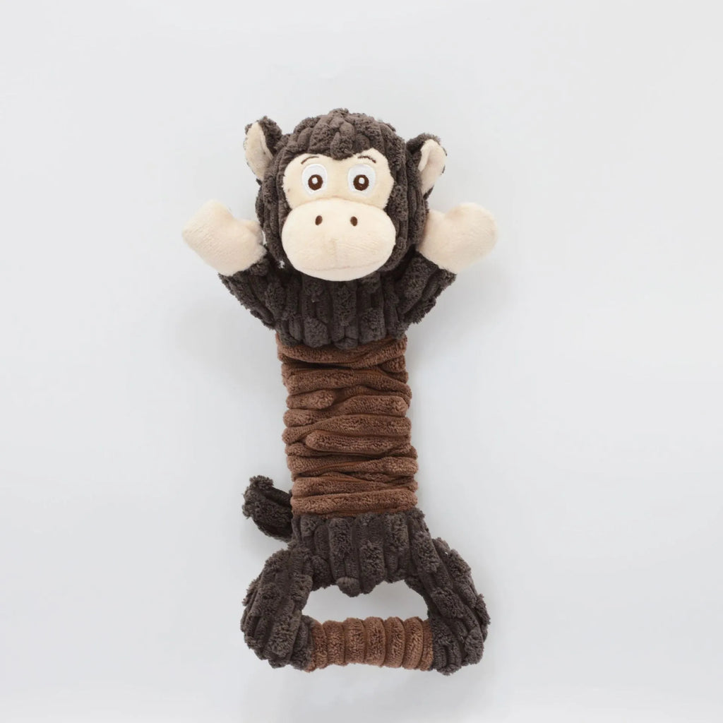 Large soft plush dog toy in hippo and monkey designs with a handle base.