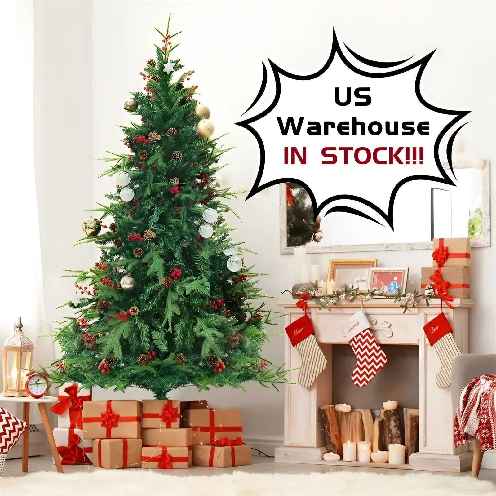 Green and white artificial PVC Christmas tree with snow effect and metal stand.