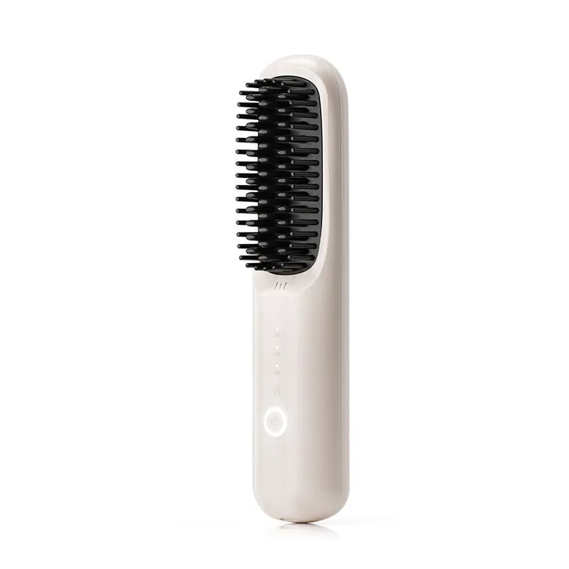 Beige wireless anion hair straightening comb with ceramic plates and Type-C charging port