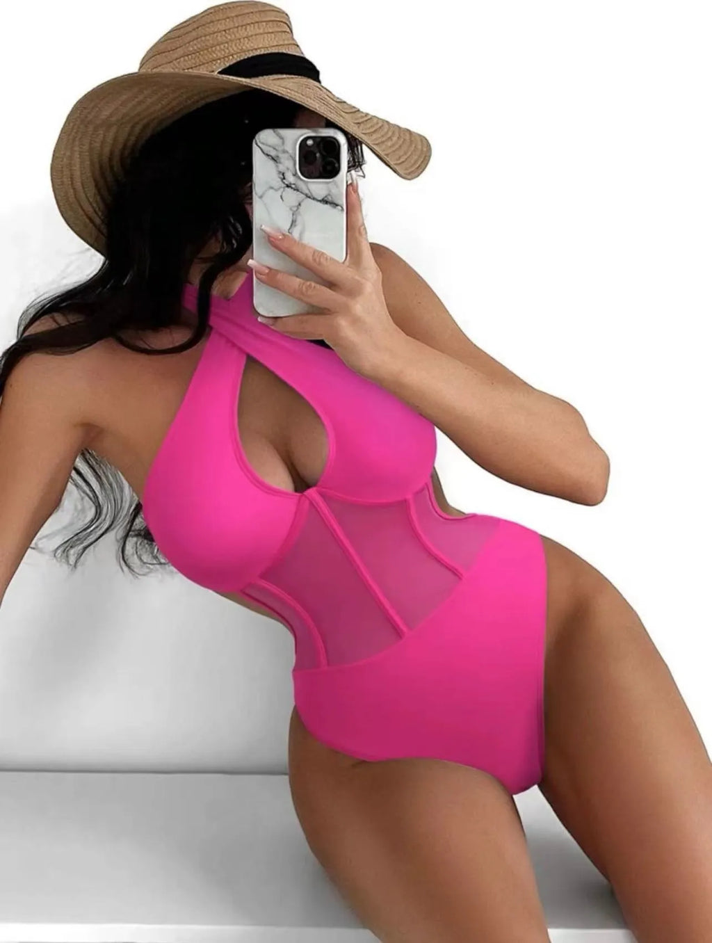 Women's black one-piece swimsuit bikini in spun yarn fabric with nylon and spandex blend