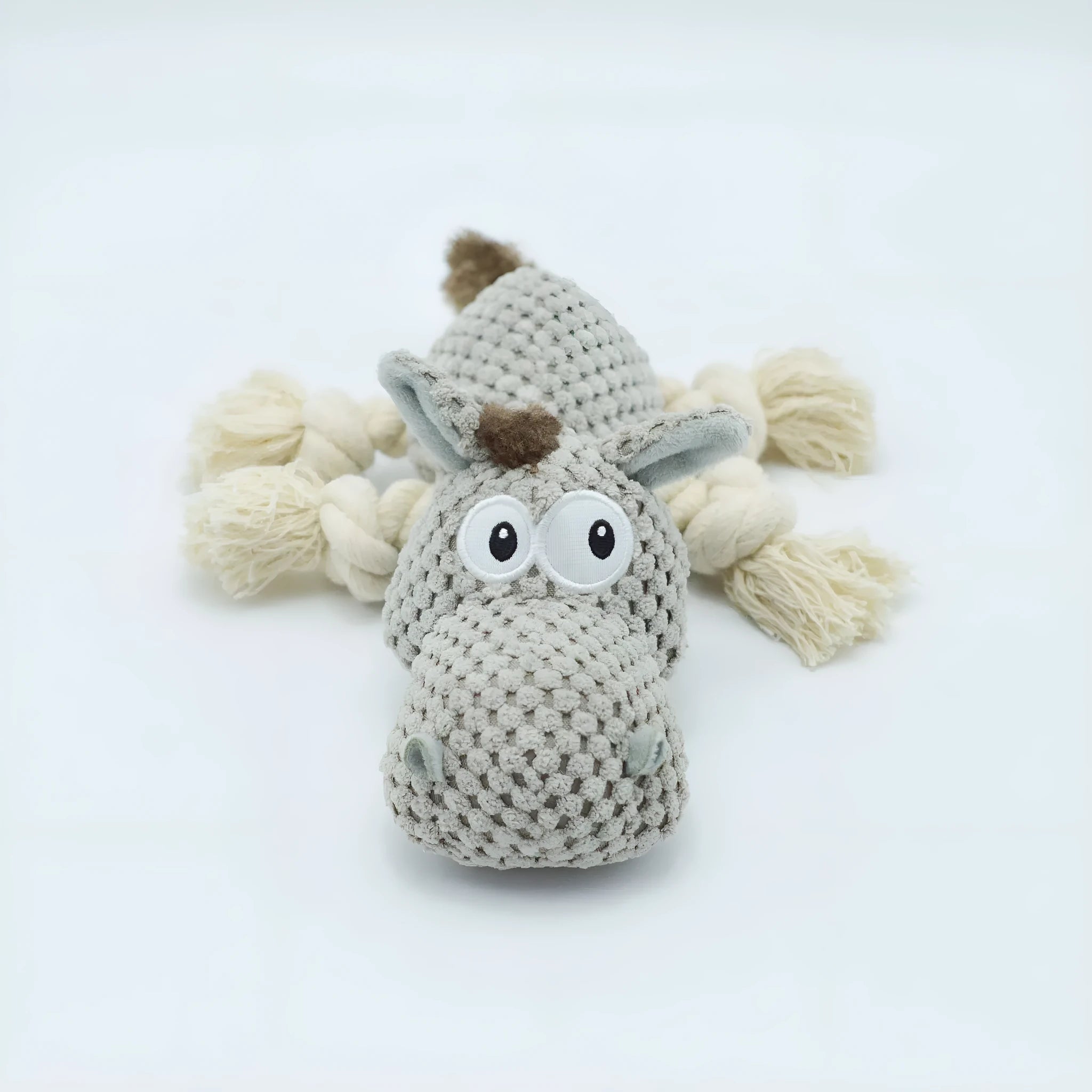 Grey donkey plush dog toy with creak sound measuring 27x20x9.5cm