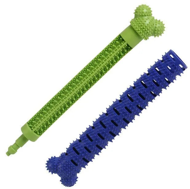 Blue green silicone dog dental cleaning stick with brush bristles and massage nodules, 25cm long