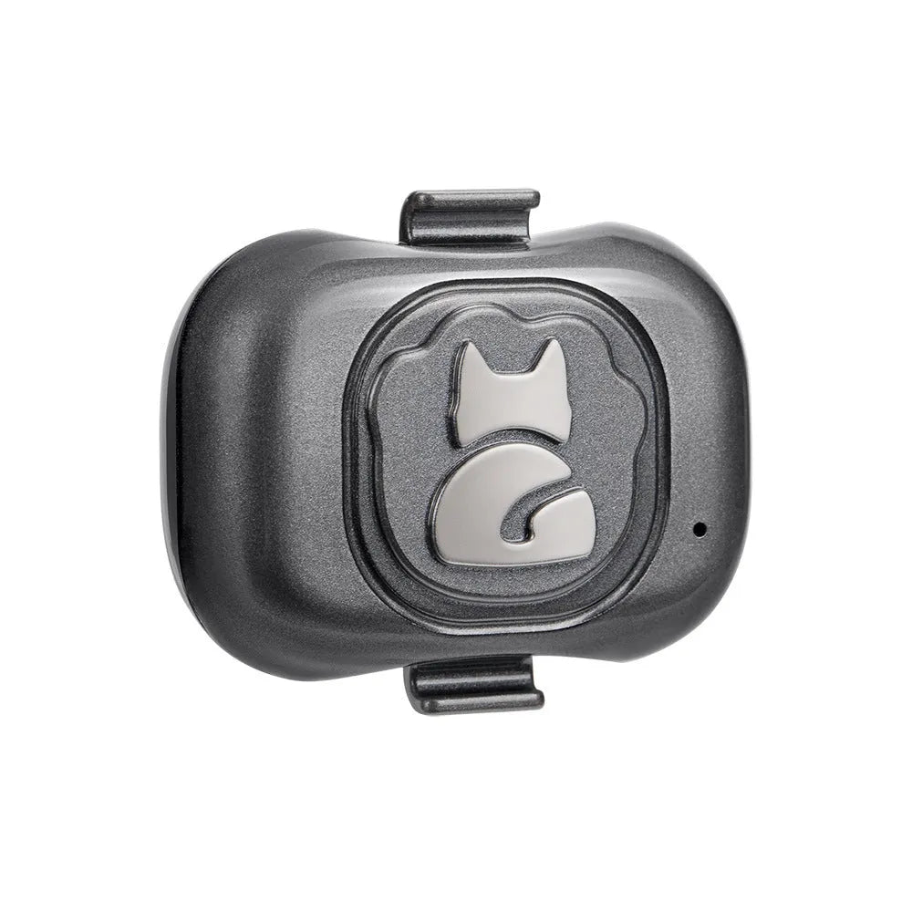 Black GF-07 pet GPS locator with hanging rope attached, shown next to a data cable on a white background