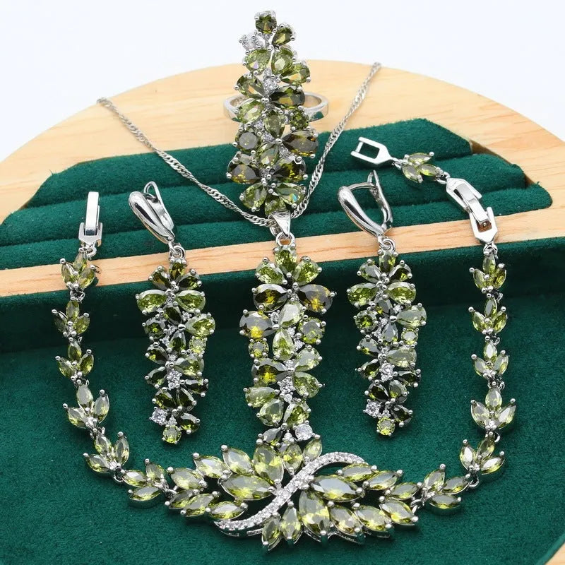 Retro floral necklace earring ring bracelet ornament suit with alloy pendant and copper inlaid zircon in olive finish