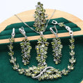 Retro floral necklace earring ring bracelet ornament suit with alloy pendant and copper inlaid zircon in olive finish