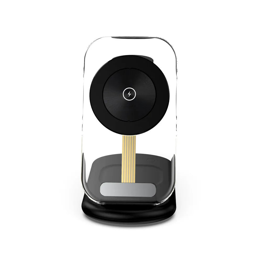 Transparent folding three-in-one magnetic wireless charger in black on a white background.