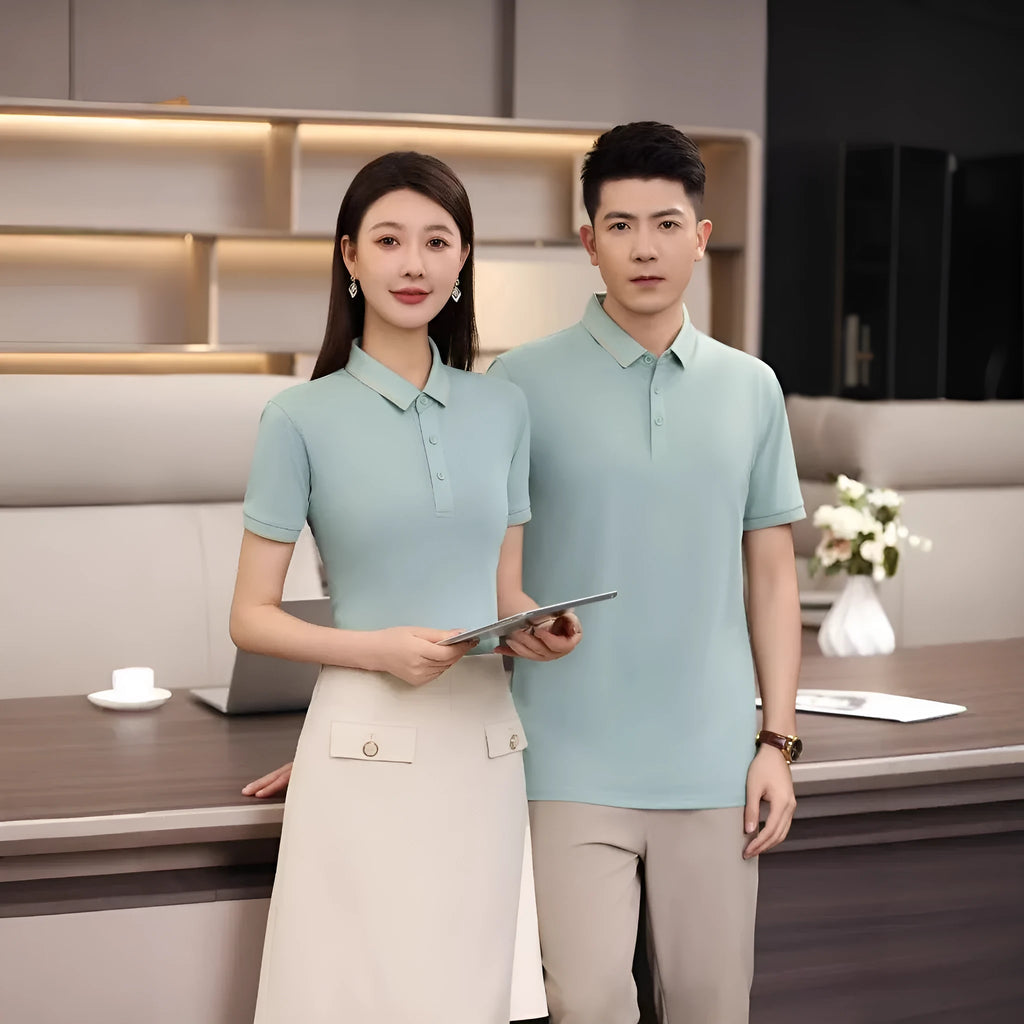 Men's light green loose-fit polo shirt with short sleeves and a single collar lapel, laid flat.