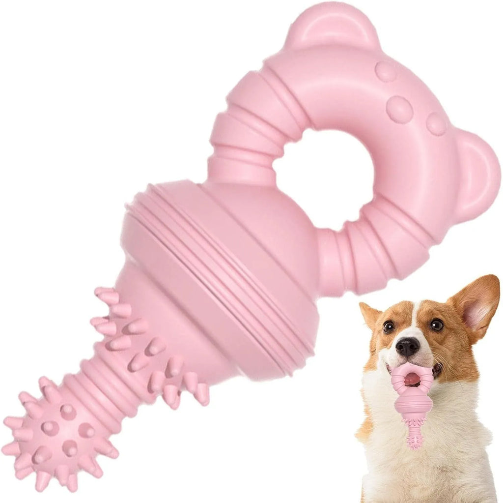 Blue rubber dog chew toy with textured surface for teeth cleaning, 13.5cm long