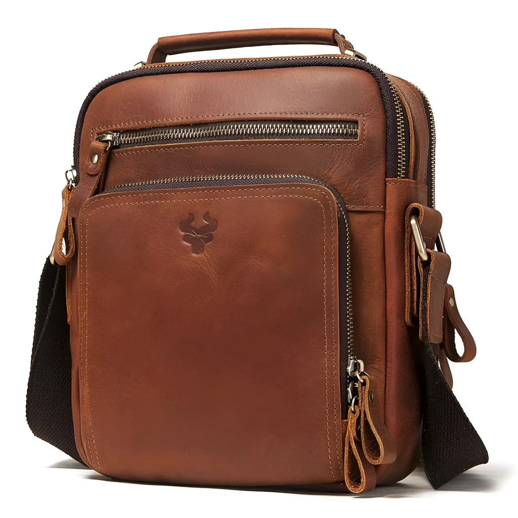 Men's brown Crazy Horse leather crossbody bag with European retro styling and sewing line details