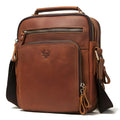 Men's brown Crazy Horse leather crossbody bag with European retro styling and sewing line details