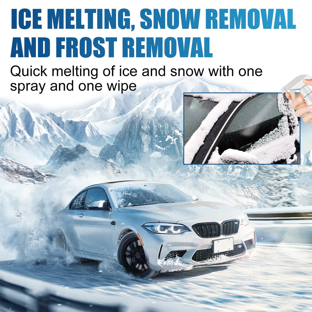 60ml winter car windscreen ice melting spray bottle with spray nozzle and cloth scraper tool for de-icing