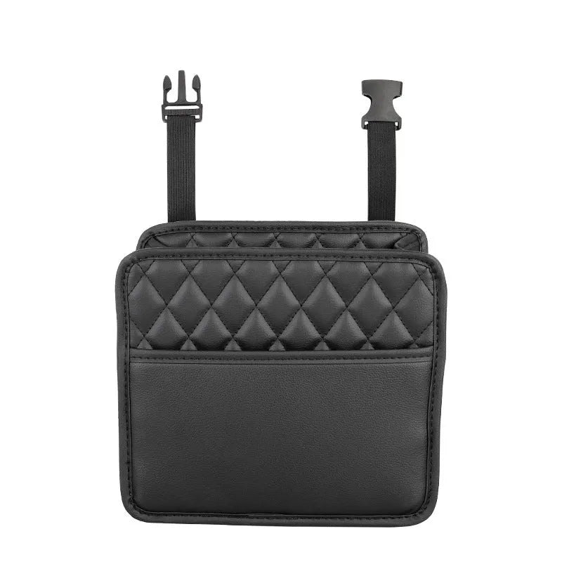 Black leather hanging storage bag and trash can for car interior, showing dimensions of 25cm by 25cm.
