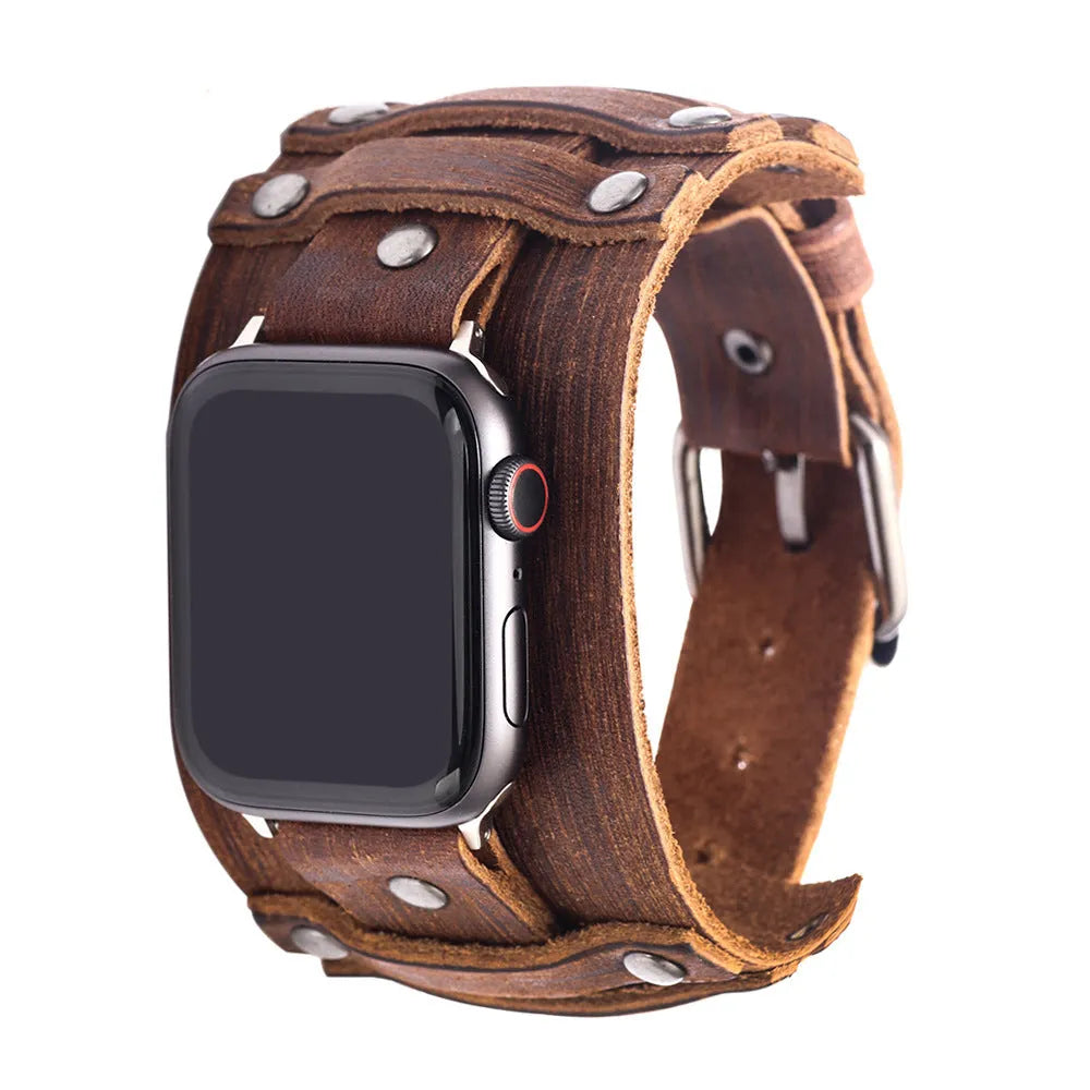 Genuine cowhide watch strap punk style black colour 38/40mm lug width on a dark background