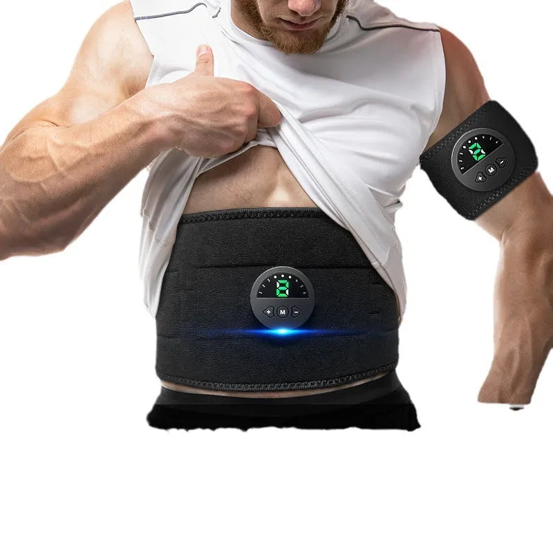 Fitness sweat belt with display screen and adjustable strap for waist and abdomen workouts.