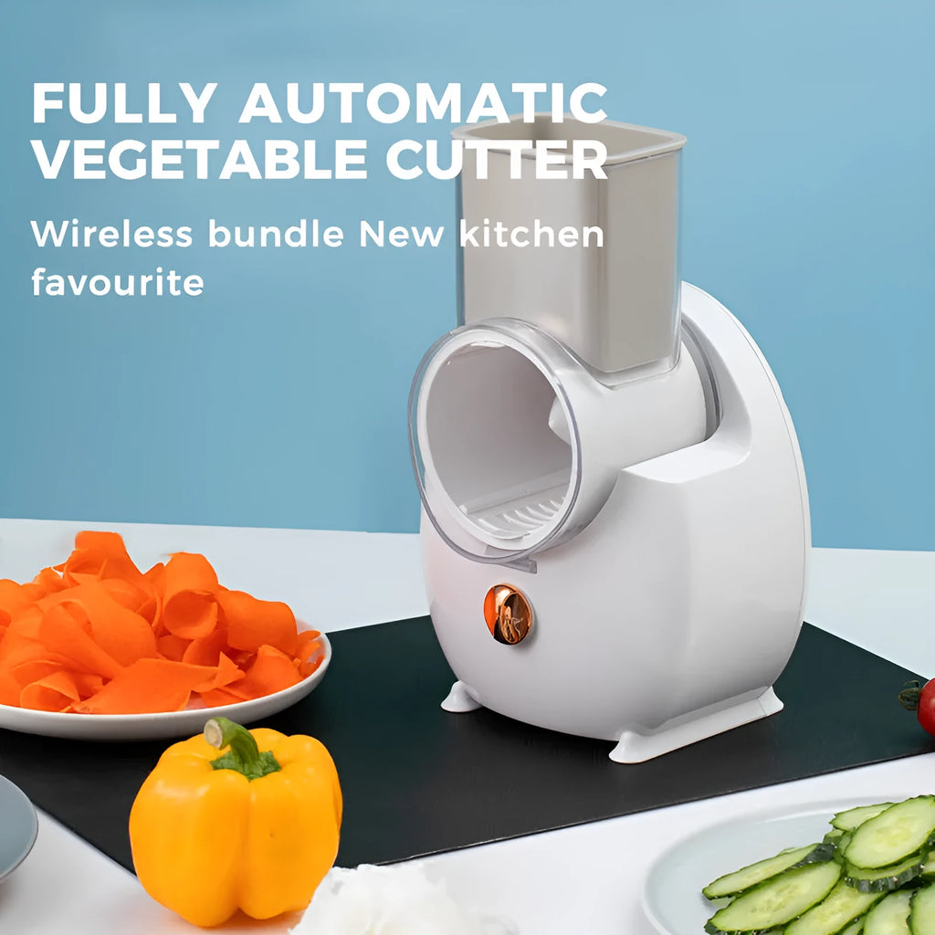 White electric vegetable slicer with rotary grater and strong suction base for kitchen use