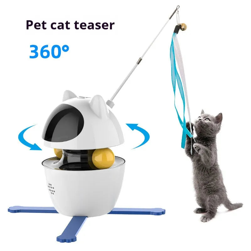 White automatic electronic cat toy with rotating stick and elastic rope for indoor feline entertainment