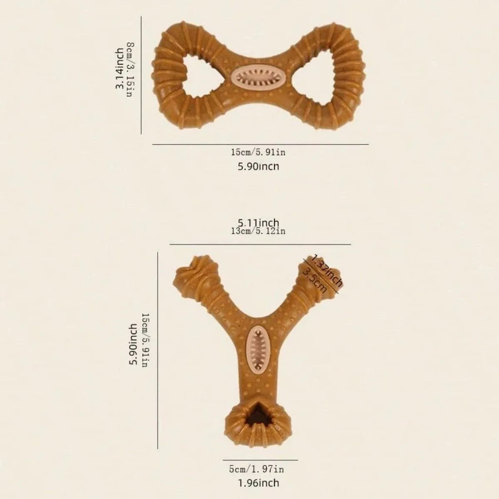 Natural rubber dog chew bone toy in two shapes: an 8-shape and a Y-shape, for teeth cleaning and durable play.