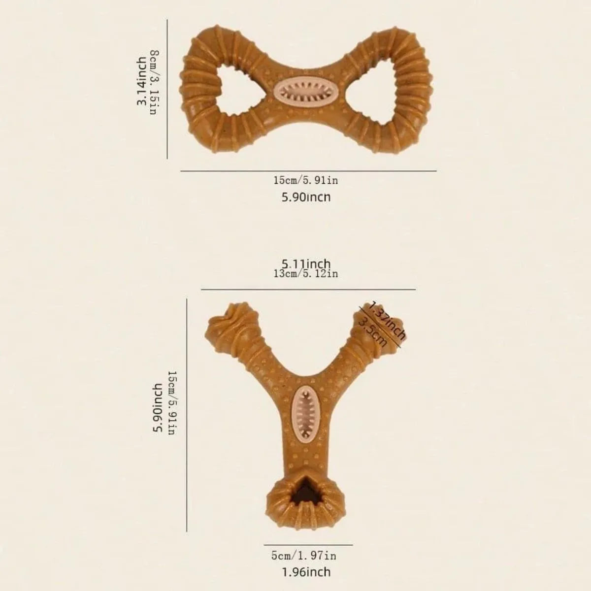 Natural rubber dog chew bone toy in two shapes: an 8-shape and a Y-shape, for teeth cleaning and durable play.
