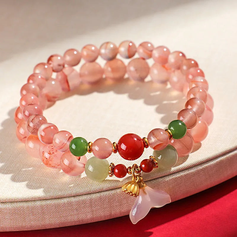 Women's handmade ice floating south red agate bracelet with white agate beads in fishtail pattern