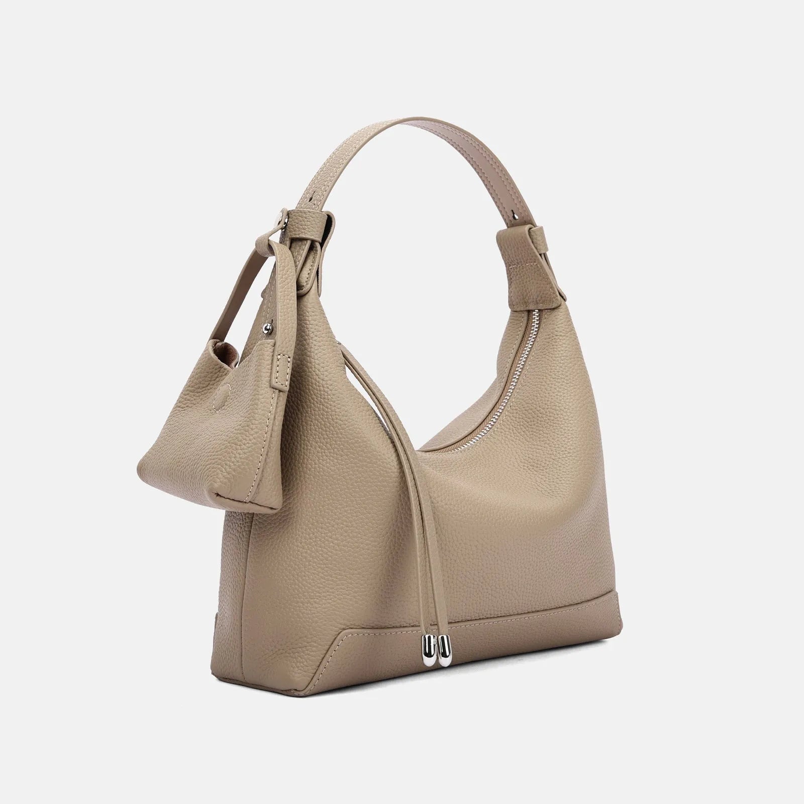 Simple black cowhide leather ladies shoulder bag with visible stitching and urban style design