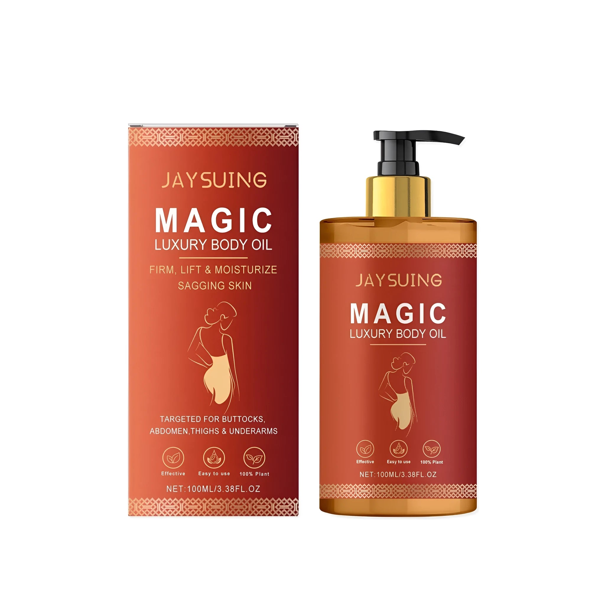 100ml bottle of tightening and nourishing body oil with glycerin, vitamin E, rose hip and sweet almond oils